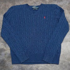 VTG Polo Ralph Lauren Sweater Mens L Blue Tussah Silk Fisherman Cable Knit
