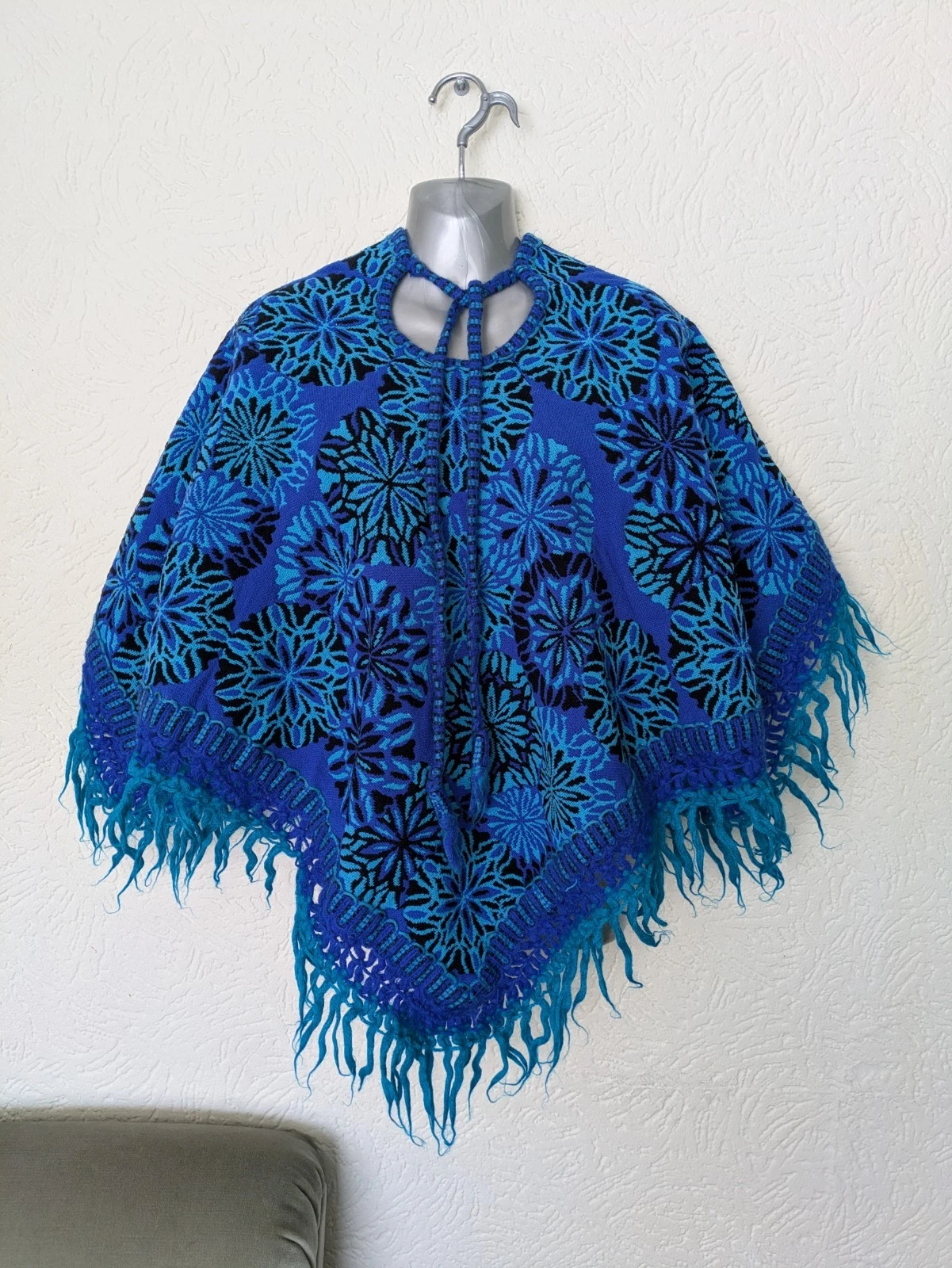 Vintage Wool Poncho Shawl Cape Acid Blue Tones Circa 60s 70s Festival Boho - VGC