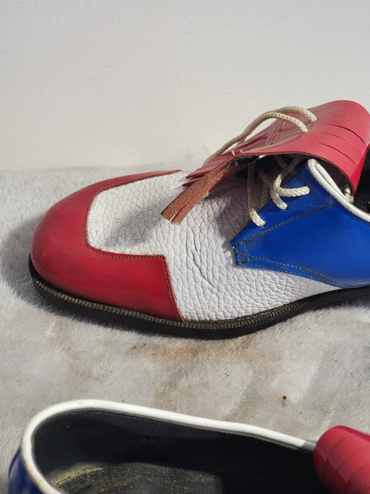 Zapatos de golf vintage Kiltie punta de ala Ben Hogan picos rojos, blancos y azules hechos en EE. UU. Foto 3 de 4