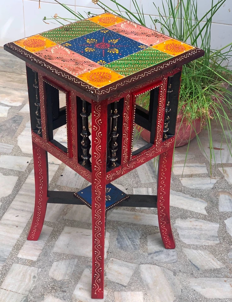 Multicolor Embossed Wooden Bedside Table Indian Ethnic Painted Stool - Image 3 of 4