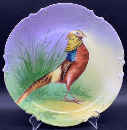 ANTIQUE LIMOGES PLATE PLAQUE BRIGHT GAME BIRD PHEASANT QUAIL GOLD RIM SIGNED - Picture 12 of 12