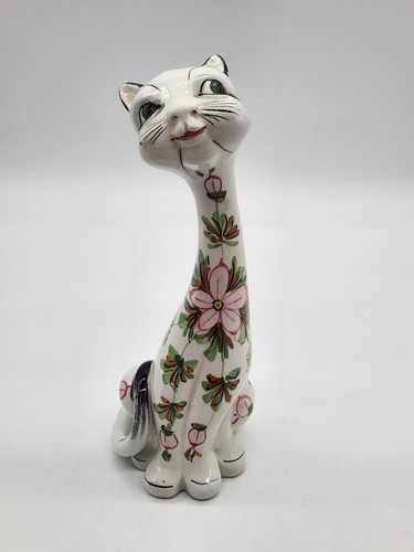 VTTG Mancioli Italian Pottery Long Neck Cat Flowers MCM 1960 ~8" H - Picture 11 of 13
