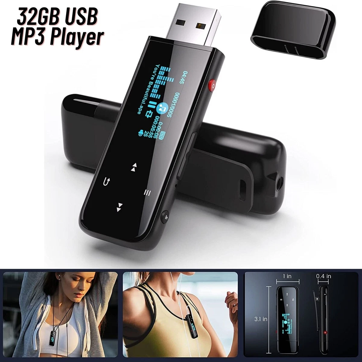 USB MP3 Player With Clip 32GB FM Radio E-Book Recorder Metal Body.