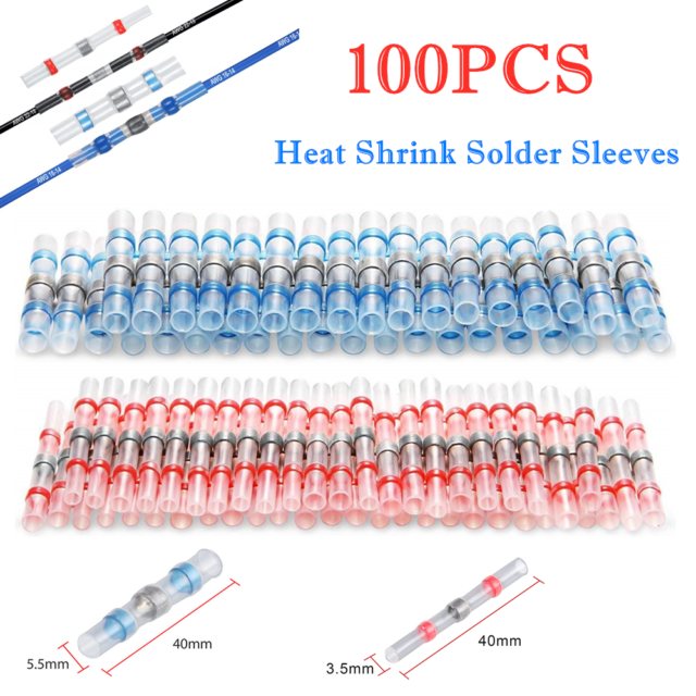 100Pcs Blue Red Solder Seal Wire Connectors Heat Shrink Waterproof Terminals Kit