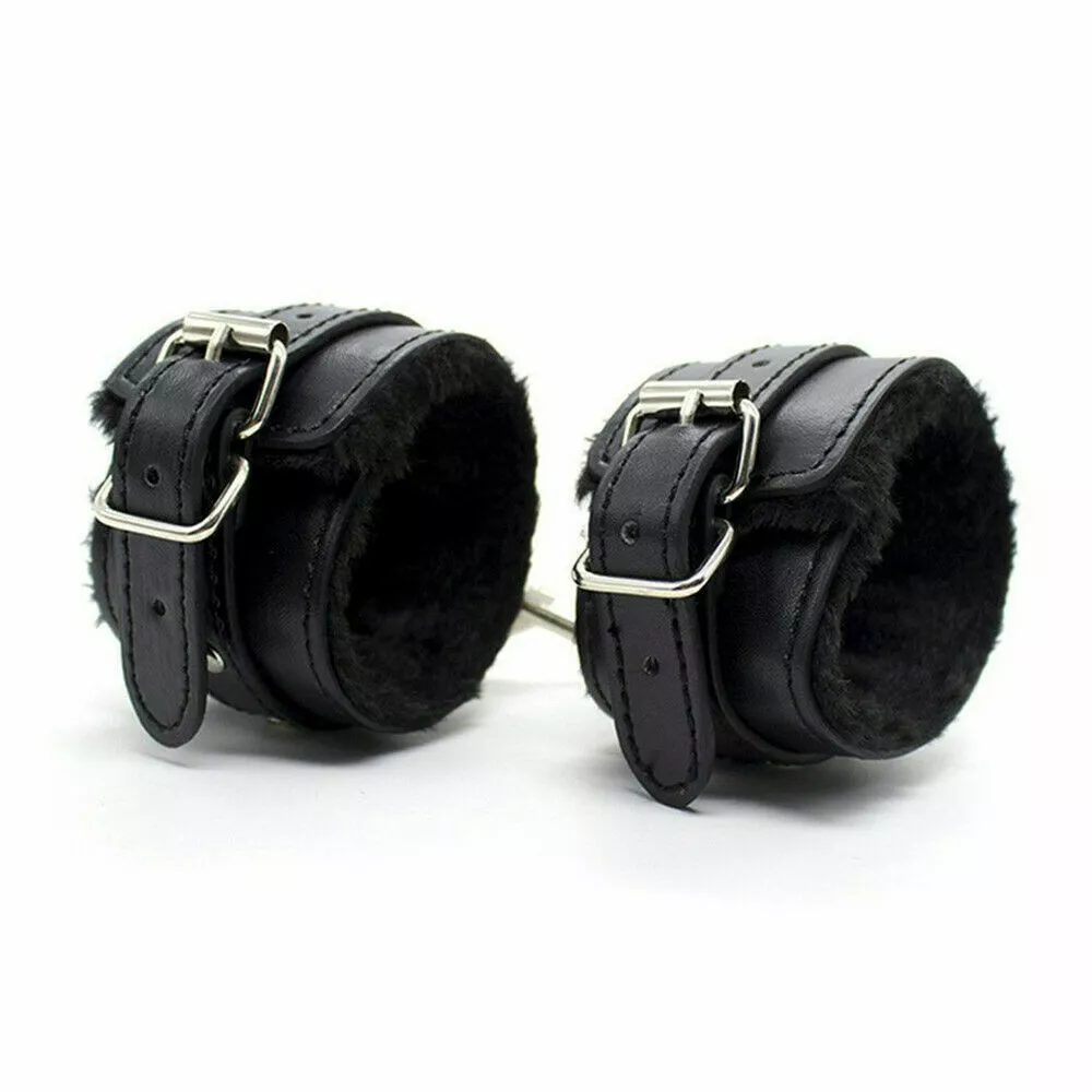 Black Sex Slave Bondage Role Play Faux Leather Plush Furry Handcuffs Ankle Cuffs eBay picture