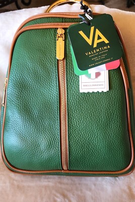 Valentina Italian Flat Backpack Emerald Green Pebbled Leather Gold Hardware NWT