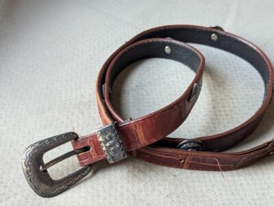 Vintage Western Concho Leather Belt • Made in USA • Croc‑Embossed Brown Leather Vintage Brown Croc-embossed Leather Belt With Silver-tone  main image 4