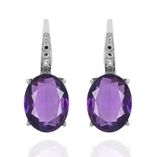 Sterling Silver With 9x7 Oval Brazilian Amethyst With Diamond Dangle Earrings. - Picture 1 of 8