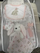 8 piece baby Layette Set Sleep & Play, Bib, Plush, body suite, Security Blanket