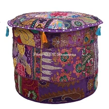 New Purple Patchwork Floor Pillow Footstool Round Pouf Cover Ottoman Home Decor