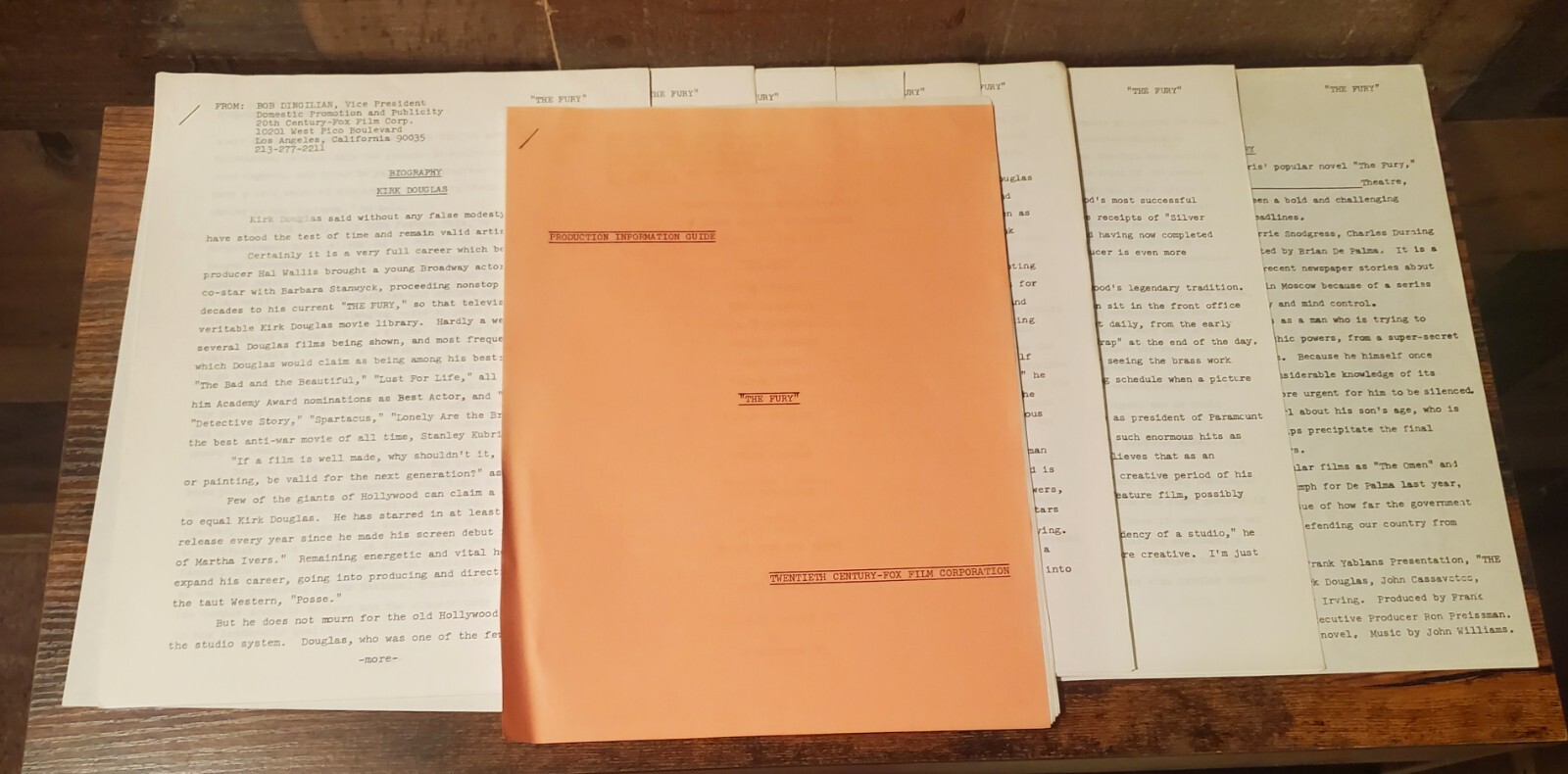 1978 "THE FURY" Brian DePalma Orig MOVIE PRESS KIT With (16) PHOTOS In Folder