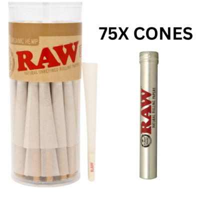 RAW 1 1/4 Organic Pre-Rolled Cones 75ct + RAW Metal Air Tight Tube