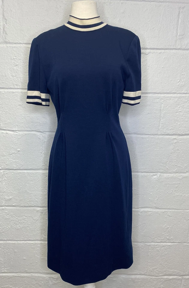 Винтажное женское платье блейзер Pauline Trigere 70-е 60-е темно-синяя полоса вязаный костюм 10 - Изображение 4 из 4