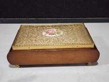 Vintage Thorens England Wood Music Box Gold Porcelain Rose Jewelry Box Edelweiss