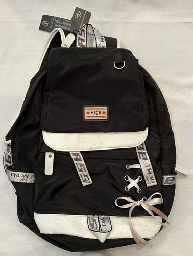 Asge Backpack/Black Waterproof Nylon/White Leather/Padded Ergonomic Straps