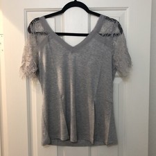 Women  s Summer Scalloped Lace Short Sleeve V Neck T Shirt Women  s Size S Gray