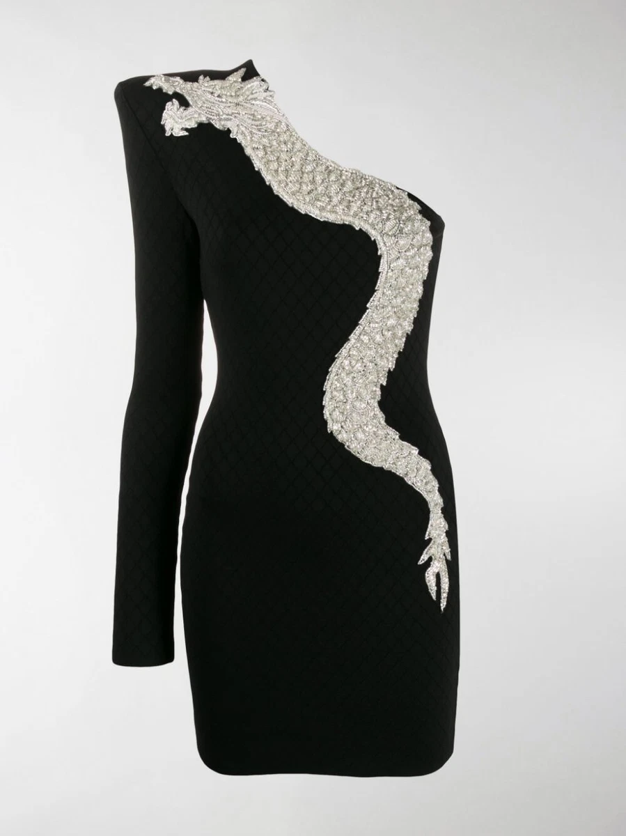 BALMAIN Black Viscose Dragon Stretch One Shoulder Dress Size 38 FR