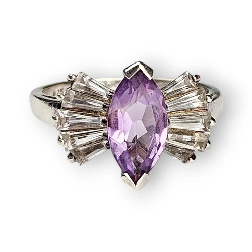 Marquise Amethyst Sterling Ring Ballerina Bow Topaz Baguette 925 Silver Vtg 8.5