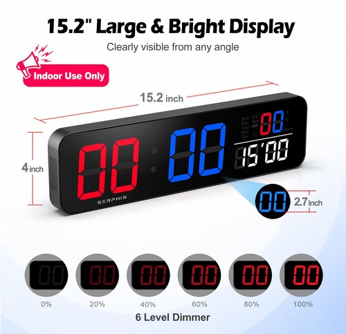 15,2" Digitale Anzeigetafel Uhr mit Countdown-Timer, Variable LED-Farbe, Tabl... - Bild 2 von 6