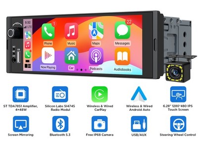 Eonon Single Din 6.28'' Car Radio Stereo Bluetooth Android Auto CarPlay GPS Navi