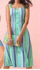 TALBOTS Beachcomber Stripe Midi Dress Green-Blue Cabana Strips Button Front 8P