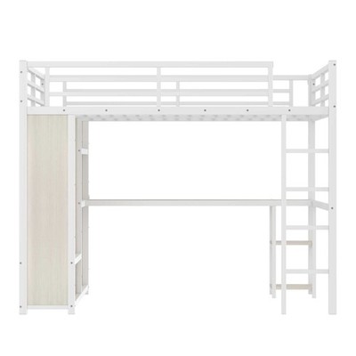 Large loft bed frame, built-in wardrobe, metal loft bed, desk and storage rack