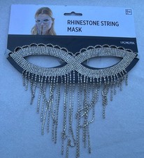 K W Rhinestone String Mask Silver Fringe Costume Masquerade Party Glam New