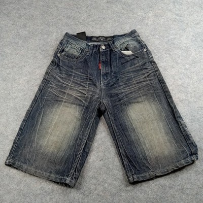 GS115 Shorts Youth 8 Blue Denim Long Baggy Studded Pockets Distressed Y2K Washed