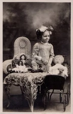 Girl Cloth Doll Teddy Bear Dolls Beautiful Wicker Chair RPPC Photo Postcard COPY
