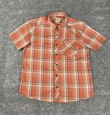 Simms Outpost Shirt Mens L Orange Plaid Short Sleeve Fish Embroidered Pocket