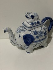 Vintage Elephant Teapot Porcelain Blue & White Hand Painted Thailand