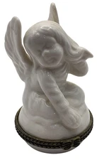 Vintage Porcelain Angel Figurine Trinket Box With Brass Bow Accent 3" Tall