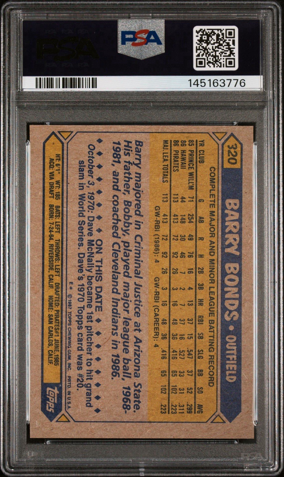 1987 Topps Barry Bonds RC #320 PSA 9 MINT Pittsburgh Pirates  view 2