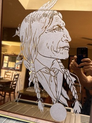 Vintage Scroll Saw Art Chief Red Cloud Portrait Etched in Amber Mirror 17'' x 21''