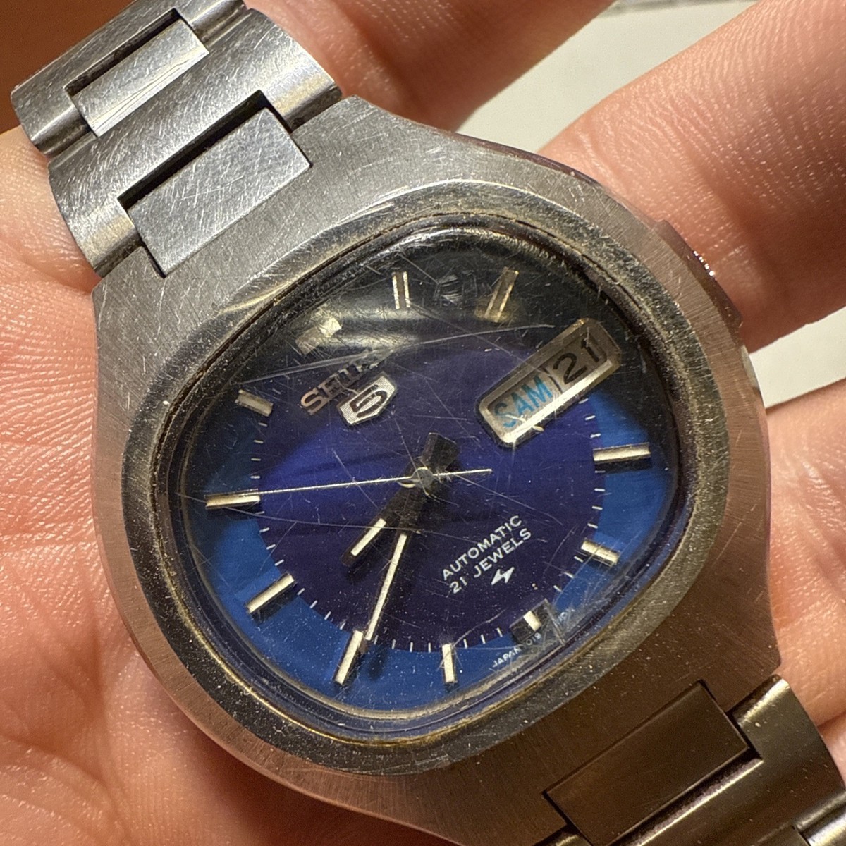 Rare SEIKO 5 7019-5010 Blue Dial Vintage Automatic Watch Working