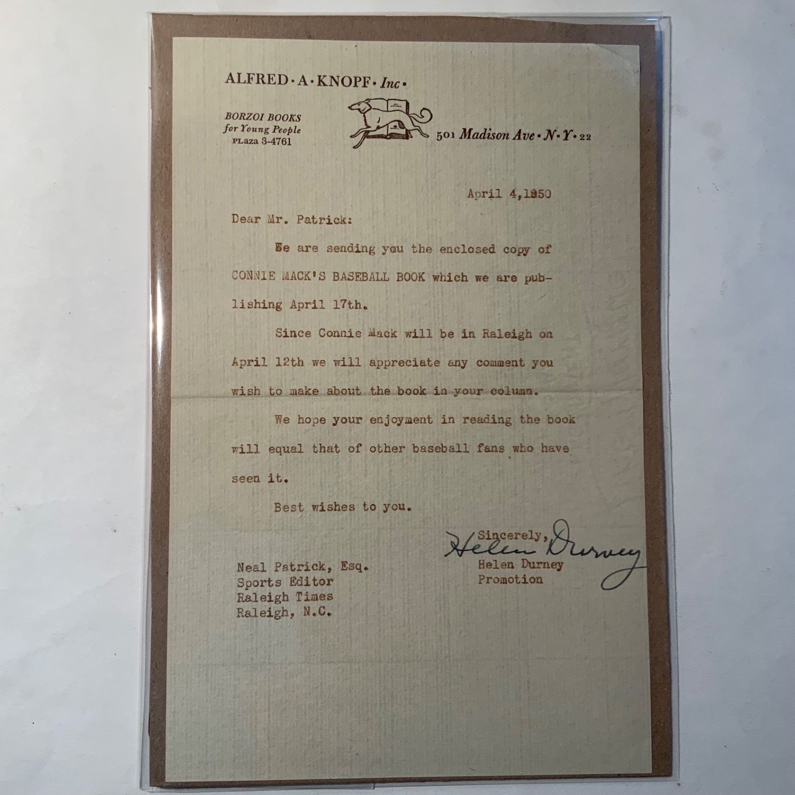 Connie Mack’s Baseball Book Advance Review copy + Knopf promo letter 1950 NF/VG+