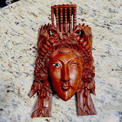 Vtg Bali/Indonesia Hand Carved Rosewood Ornate Woman & Birds Face Mask