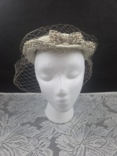 VINTAGE White/Pale Cream Pillbox Felt Hat with Net/ Veil Bow Mid Century Fancy