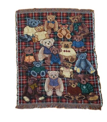 Vintage Blanket Crown Crafts 80s Teddy Bears on Tartan Plaid 53 X 46 Inches EUC