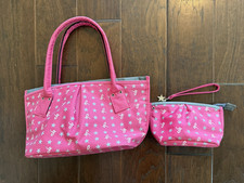 NWOT Agnes b. Logo Pleated Nylon Bag Pink Gray Voyage Satchel Tote w/ Pouch