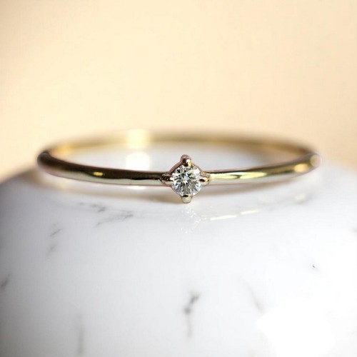 14K Solid Gold Single Diamond Thin Ring 1 Diamond Minimalist Diamond Band - Picture 3 of 7