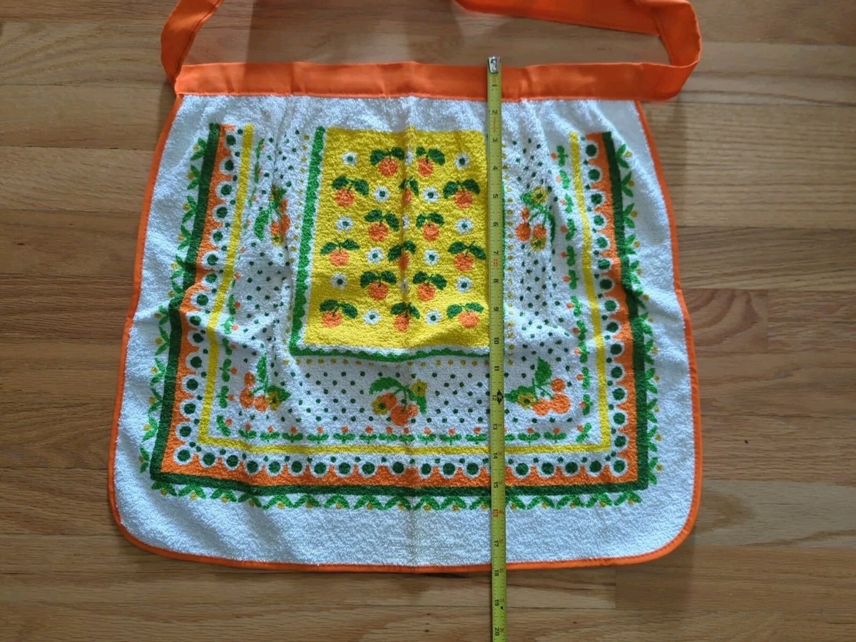 Vintage Orange Fruit Flower Terry Cloth Half Apron Retro Kitchen