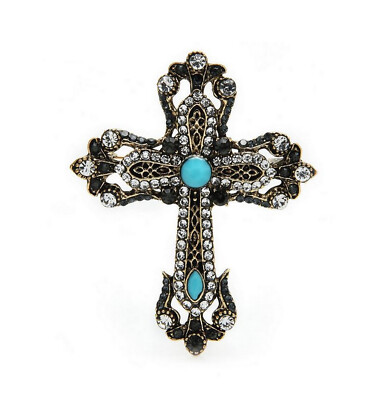Broche Croix étoilée Strass Cristal Blanc Et Perles - Neuf Avec étiquettes