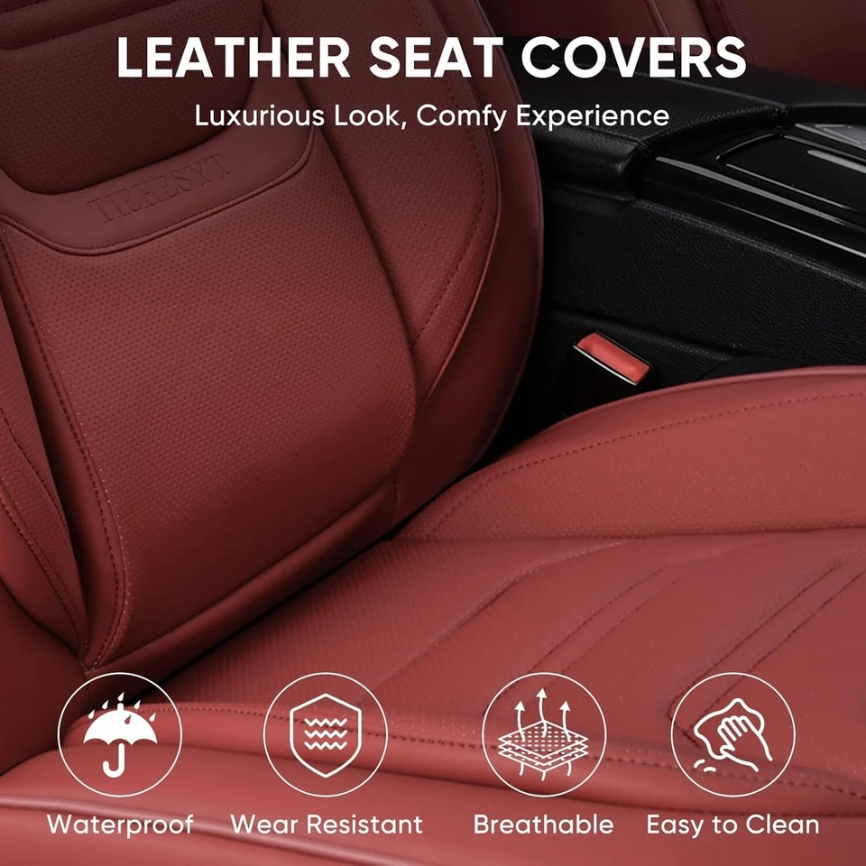 Wine Red Car Seat Covers Full Set, Breathable Leather Automotive Front and Re... - Image 2 of 4