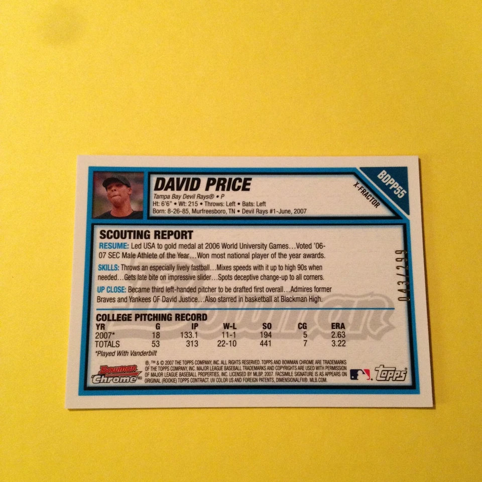 David Price 2007 Bowman Draft Chrome Rookie X-Fractor /299! NM-MINT!!! FREE SHIP - Image 3 of 3