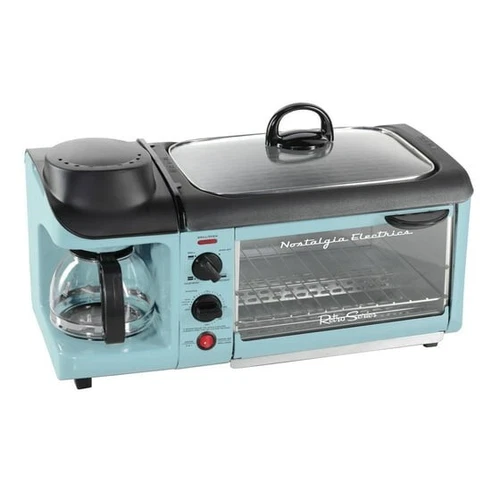 Retro 3-in-1 Breakfast Station, Coffeemaker, Griddle, Toaster Oven, Aqua