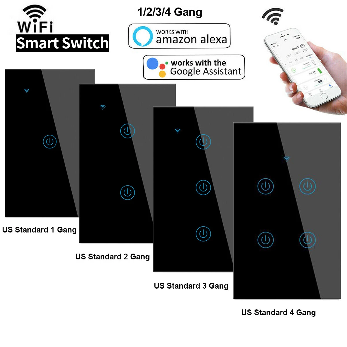 Interruptor de luz inteligente, interruptor de luz WiFi de 2.4 GHz  compatible con Alexa y Google Home, interruptor de luz de pared táctil  inteligente