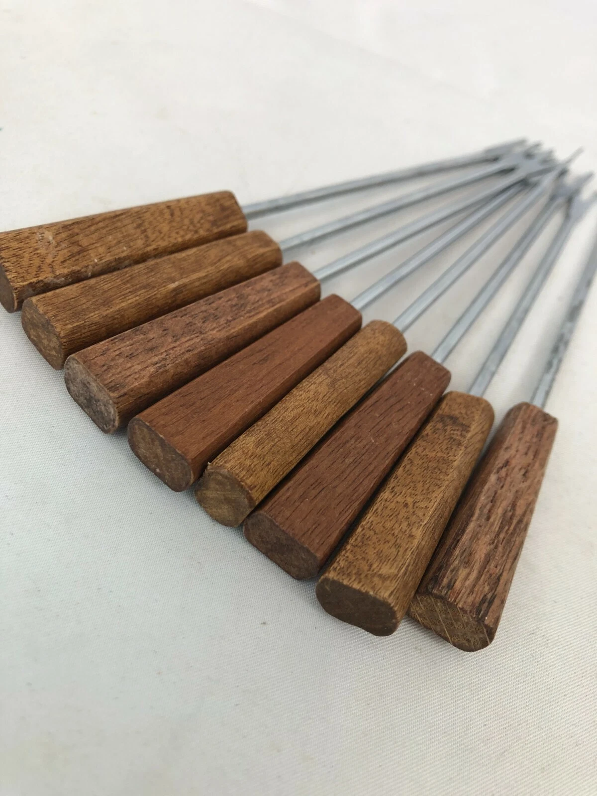 Vintage Set of 8 Stainless Steel Fondue Forks Skewers Wood Handle 7" Short
