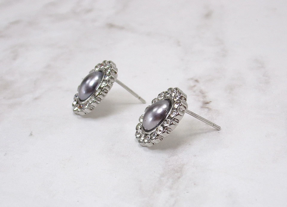 Pendientes Ovalados Grises y Cristal - Elegantes Pendientes Ovalados de Moda de Perlas Nuevos Foto 3 de 4