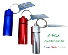3 pc Pill Box Waterproof Sealed Keychain Medication Holder ~ Red Silver Blue